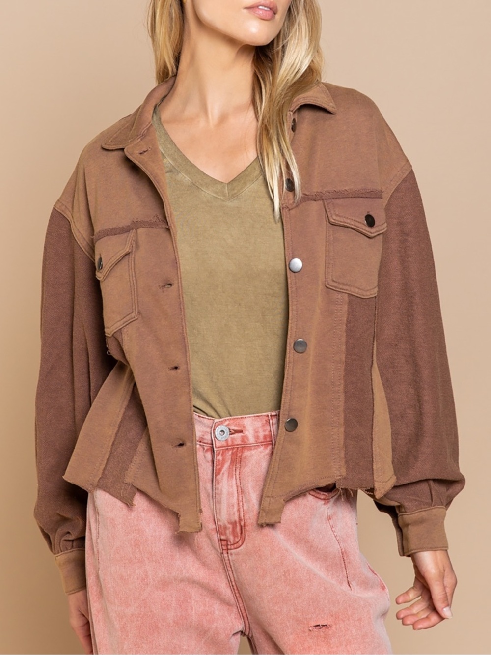 POL Pieces Browns Button-Down French Terry Shirt Jacket Balloon Puff Sleeves
